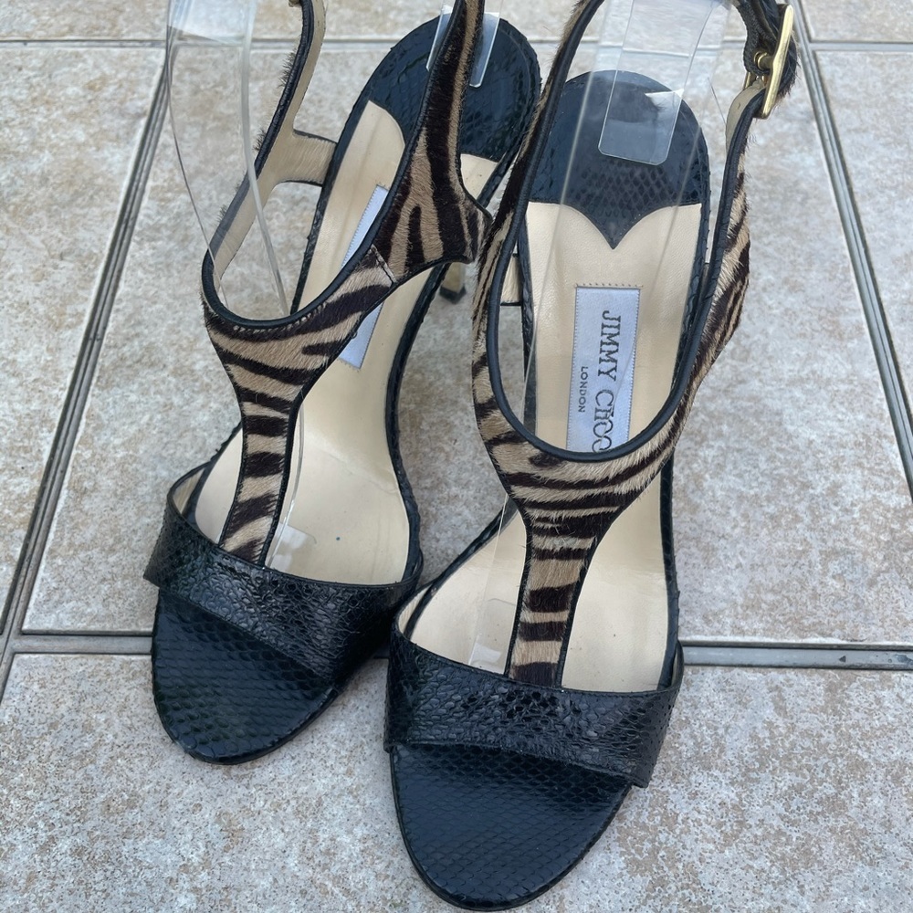 Jimmy Choo embossed and calf hair T strap sandals